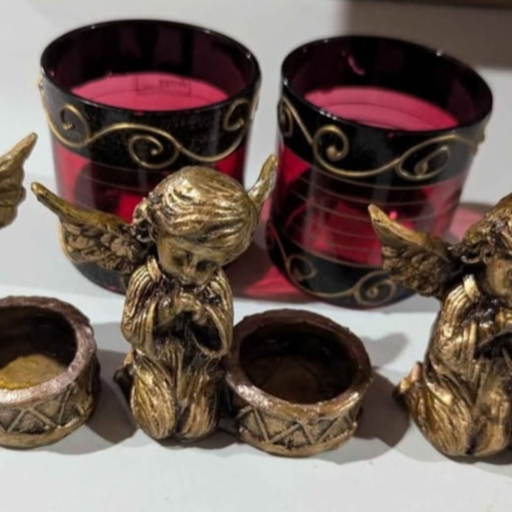 Gold Angel Candle Holders with Red Glass Votives